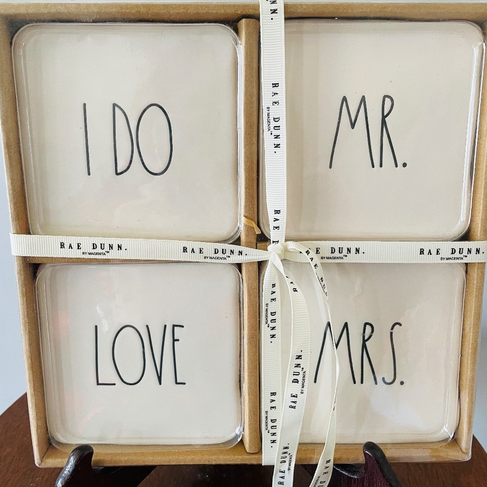 Rae Dunn ceramic coasters with wedding-themed phrases, Cute brand new